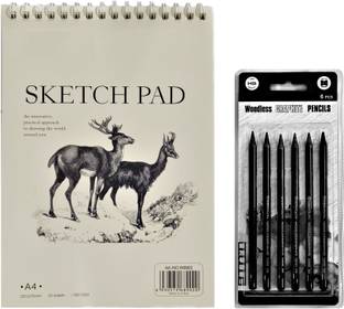 Definite Woodless Graphite Drawing Charcoal Pencils - HB, 2B, 4B, 6B, 8B and EE (Pack of 6) Ideal for Sketching, Drawing, Shading for Students, Beginners, Hobbyists, Professionals and A4 Size Spiral Sketch Pad 160 GSM (24 Sheets)