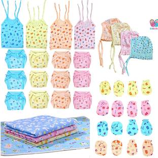 Bigbought New Born Baby Care Cloth Set Combo (Set Of 32, 4Jhabla, 8Nappy, 8Mittens,4Cap Hosiery Material And 4 plastic mat, (Multicolor)