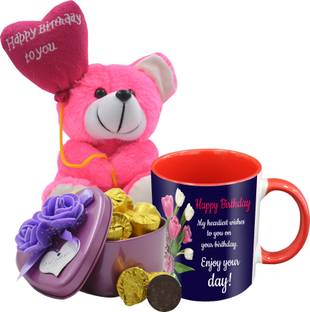 Midiron Beautiful Birthday Gifts Pack, 15 Dark Chocolate Bar With Printed Ceramic Mug and Happy Birthday Quoted Teddy, Birthday Gifts For Your Love One's IZ19Choco15Tinbox4PurMUrTHB-DTBirthday-08 Ceramic, Silk Gift Box