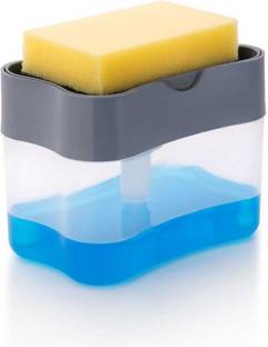 GOLWIN 2 in 1 Soap Pump Plastic Dispenser and Sponge Holder for Kitchen Sink Dish Washing Soap Dispenser 400 ml Liquid Dispenser (Grey) Plastic Bathroom Set