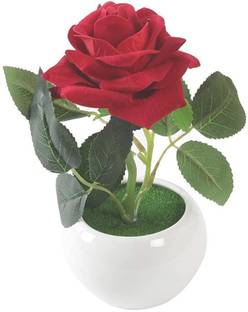 LADDU GOPAL Laddu Gopal Artificial Velvet Rose in a Plastic Vase (15 cm x 12 cm x 20 cm, Red) Red Rose Artificial Flower  with Pot