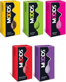 MOODS Combo Honeymoon Condoms ( Choco + Dotted + Ribbed + Strawberry + Ultra Thin) 12S Pack of 5 Condom