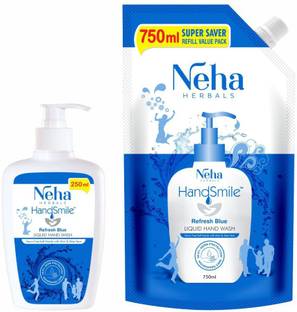 Neha Herbals Blue 250ml Bottle & 750ml Refill Handwash (Pack of 2) Hand Wash Pump + Refill