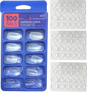 Zinzo Professional Quality Transparent Artificial Clear Dynamic shinning professional Finger Empress Curve 100 Tips Fake Nails with 3 Sheet Double Sided Nails Glue Sticker Clear white Transparent