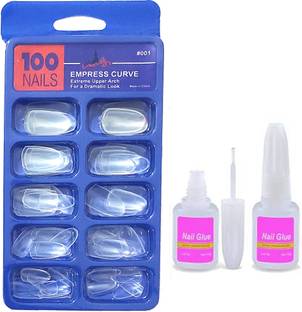 LikeUp Professional Quality Gorgeous 100pcs Reuseable Transparent Artificial Nail Tips Best False Nails with 10ml Strong Nail Glue Transparent Clear