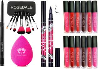 Crynn Smudge Proof Essential Makeup HD6 Beauty Kajal & Powder Blender Sponge Puff & Yanqina 36H Deep Black Liquid Eyeliner & Set of 7 Makeup Brush & Valentines Edition Set of 12 Liquid Matte Lipsticks