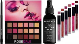 Crynn Smudge Proof Essential Makeup HD8 Beauty Kajal & Rosedale Rose Gold New York Eyeshadow Palette & The Matte Fixer Face Setting Spray & Set of 6 Valentines Catsuit Edition Liquid Matte Lipstick