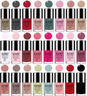 EOD Shine Nail Polish Sets Flat Smooth Brush Application Combo of 24 Nail Paints Combo-No-11 Tomato Red, Black, Extra Shine Top Coat, Baby Pink, Old Brick, Pink Peach, Nude, Dark Nude, Nude, Olive Green, Light Sky Blue, Peach, Meganta, Pink, Baby Pink, Tan, Light Nude, Dark Grey, Carrot Red, Pinkish Nude, Pine Green, Light Pink, Light Tan, Nude Tude