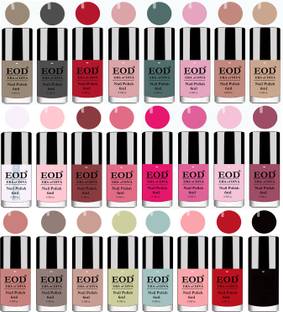 EOD Shine Nail Polish Sets Flat Smooth Brush Application Combo of 24 Nail Paints Combo-No-11 Tomato Red, Black, Extra Shine Top Coat, Baby Pink, Old Brick, Pink Peach, Nude, Dark Nude, Nude, Olive Green, Light Sky Blue, Peach, Meganta, Pink, Baby Pink, Tan, Light Nude, Dark Grey, Carrot Red, Pinkish Nude, Pine Green, Light Pink, Light Tan, Nude Tude