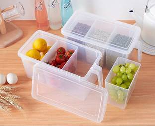 VEWIKZY Plastic Food Grade Plastic Refrigerator Organizer Storage Container for Kitchen and Office Stationary Storage Box with Lid, Handle & 3 Smaller Bins Storage Basket