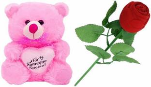 Saubhagye Valentine gift ""I Love You" Pink Teddy Soft Toy with Red rose for Specialone- 24 cm (Red)  - 24 cm