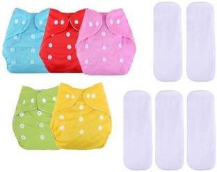 kogar All in One Washable Reusable Adjustable Cloth Diapers Nappy with Bamboo Charcoal Insert - 0-24 Months (Multi Color, 5 Diaper + 5 Inserts)