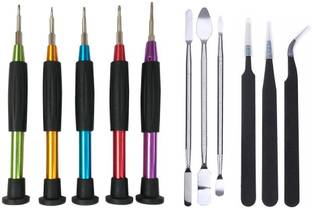 wroughton 5 Metal Precision Screwdriver Set for Mobile Repairing With 3 Metal Openers and Set of 3 ESD Non-Magnetic Tweezers- Straight, Flat & Curved Precision Screwdriver Set
