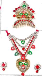 DURGA HOSIERY LADOO GOPAL SHRINGAR SET ( MOOR PANKH MUKUT, STONES MALA, EARING) ( SIZE 2 OR 3 NUMBER) Deity Ornament