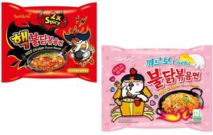 Samyang 2X Spicy Noodles -140 g & Carbo Noodles - 130 g(Pack of 2) (Imported) Instant Noodles Non-vegetarian