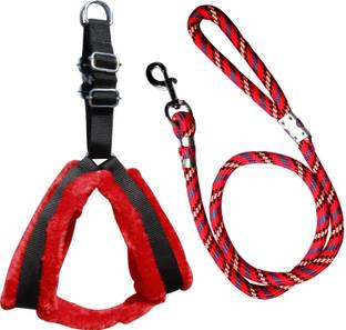 BODY BUILDING Dog Belt Combo of 1 inch Padded Red-Black Fur Dog Harness with Red Lead Specially for Medium Breed Dog Harness & Leash