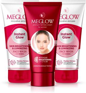 meglow Premium Fairness Cream (1x50g) + Instant Glow Skin Brightening Facewash (2x70g) Women Fairness Combo