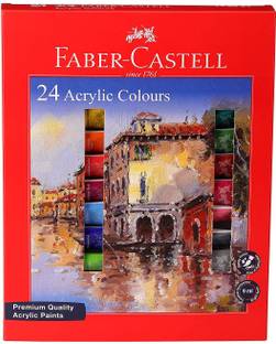 FABER-CASTELL Acrylic colours Tube set of 9ml 24 shades with Doms brush set(Round-0,2,4, Flat-2,6) and Doms Drawing pencils set(HB,2B,4B,6B,8B,10B)