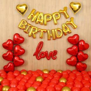 DECOR MY PARTY Solid Red Love , Golden Happy Birthday Letter Foil Balloon Set with Heart Shape , Metallic & Chrome Balloons for Birthday Party Decoration / 1st Birthday Decorations Kit Letter Balloon