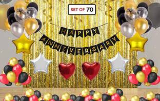 DECOR MY PARTY Solid Happy Anniversary Banner Combo with Foil Curtain , Golden Star , Heart Shape , Metallic Balloon & Curling Ribbon for Anniversary Party Decorations / Wedding Anniversary Decoration Items Balloon