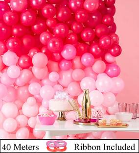 DECOR MY PARTY Solid Pink , Red & White Metallic Balloons with Curling Ribbon for 1st Birthday Party Decorations , Welcome Baby Decoration , Bachelors Party , Diwali , New Year Party, Office Party , Christmas Decoration Items Balloon