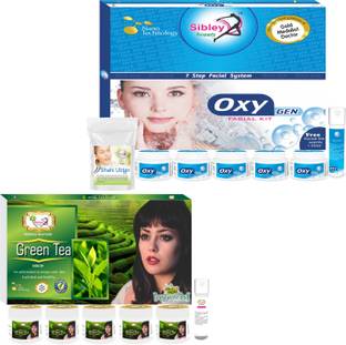 Sibley Beauty Oxy Gen Facial Kit Combo of Facial Kit (340 grams) Pack of 7 + Green