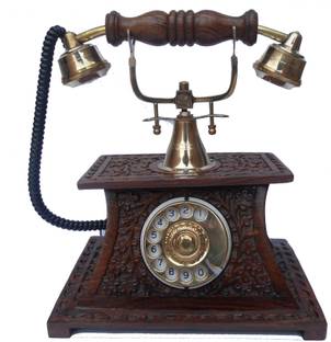 Handicraft Shesham Wood & Brasss Made Operationall Telephonee With Well Carving On It Decorative Showpiece  -  23 cm
