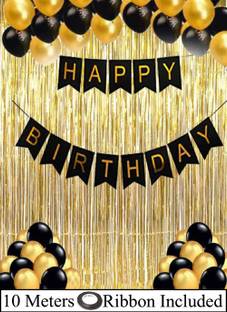 DECOR MY PARTY Happy Birthday Paper Banner with Golden Foil Curtain , Metallic Balloons & Curling Ribbon for Birthday Party Decoration / Birthday Decorations Kit