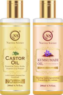 Nuerma Science Castor Oil and Kumkumadi Face Glowing Oil for Skin Lightening (Pack of 2, 200 ML Each)