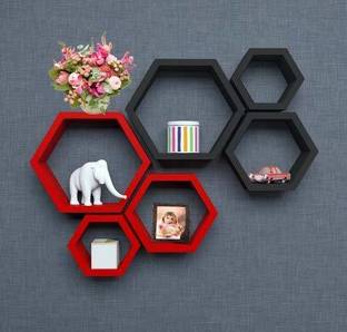 Furniture Cafe Hexagon Shelf Set of 6 Floating Wall Shelves/Wall Shelf and Racks MDF (Medium Density Fiber) Wall Shelf