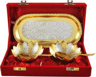 Raj Laxmi RajLaxmi Gold And Silver Plated Bowl Tray Set Tray, Spoon, Bowl Serving Set
