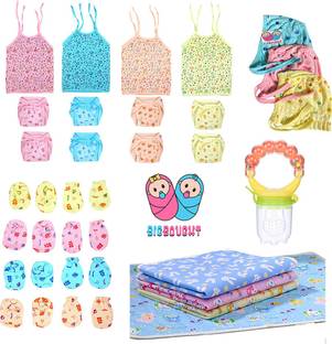 Bigbought Baby Care Combo Pack Of 28, Zhabla (4 Pcs), Nappy (8 Pcs), Mittens (Hand and Legs) (4 Pairs), Cap (3 Pcs), Fruit, Vegetable Nibbler (1 Pcs), Bed Protector Sheet (3 Pcs),Hosiery Soft Material