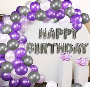 Blooms Mall Solid Elegant Combo Happy Birthday Letter foil Balloon + Purple, Silver and white Metallic Balloons Balloon