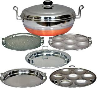 Jamuna All-in-One Stainless Steel Idli Cooker Multi Kadai Steamer Copper Bottom With Lid, Big Size with 5 Plates 2 Idli, 2 Dhokla, 1 Patra Plate Induction & Standard Idli Maker Multi Kadhai,Pot Pan Set Combo Tope Copper Tapeli/Patila/Cookware/Dhokaliyu/Dhokla Maker, Patra Maker, Momo’s, Curries ,Handi Copper Bottom Bowl Set Dhokli Maker Set, Cooking Ware (KitchenWare/Home Appliances)Cooking Ware Cookware Combo Multi Purpose Unique Latest Design Good Quality Handi Bowl Idli Maker Paddu Maker / Dhokla Making Kadai Cooking Set Standard Idli Maker (5 Plates , 14 Idlis ) Induction & Standard Idli Maker