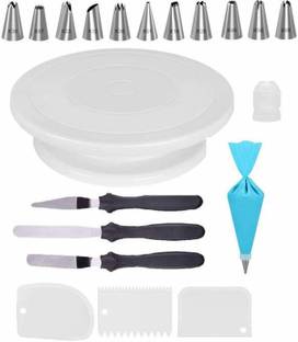 Kitchplus All In One Bakeware Cake Combo Tools Cake Baking and making Tools Combo For Cake Decoration At Home, Kitchen And Store Kitchen Tool Set Cake Tools Round Easy Rotate Turntable +3 Pcs Set Scraper Dough Fondant Scraper, Icing Smoother, Baking Supplies Baking Comb + 12 Piece Piping Bag Nozzles Cake Decorating Tool Set Frosting Icing Cream Syringe Piping Bag Tips With Steel Nozzles Muffin Dessert Decorators Reusable & Washable Kitchen Tool Set + Easy to Handle Ergonomic Handle Designed To Be More Comfortable In Your Hand(Set Of 3 Spatula Knife Set)+ and Server Set Popular Combo 4 in 1 Kitchen Tool Set