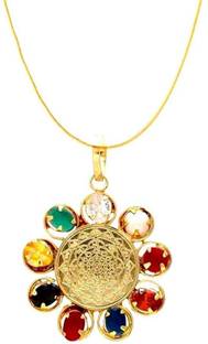 A1 Laxmi Ganesh Shree Yantra Navratna Pendant With Gold Plated Chain Gold-plated Sapphire Stone set with Pendant Gold-plated Plated Brass Chain