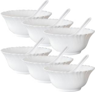 BOROSIL Opalware Soup Bowl Set of 6 Opal Glass Soup Serving Bowl with Spoon Microwave Dishwasher Safe - 300ml