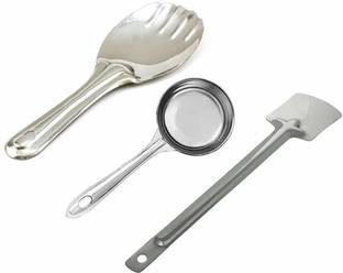 geist STAINLESSSTEEL Silver Spatula for Cooking - Kitchen Utensils Serving and Cooking Set - Rice Spoon, DOSA LADDLE, TAVETHA - Pack of 3 Kitchen Tool Set