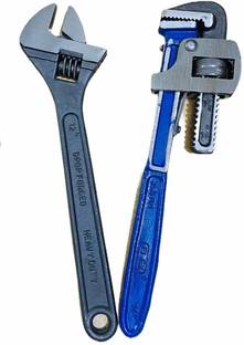 manvi Plumber Tool Combo 14inch Pipe Wrench & 12inch Adjustable Wrench Plumber Tool Combo Single Sided Pipe Wrench