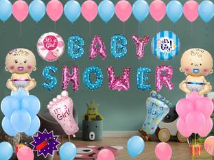 Party Station Solid Pack of 37 pcs Baby Shower Combo - 1 set of Multi color baby shower foil balloon + 2 pcs of baby boy & baby girl foil balloon + 2 pcs of footprint foil balloon + 2 pcs of its a boy and its a girl foil balloon + 20 blue and pink latex balloon + 1 Air pump Balloon