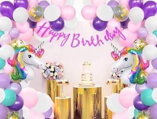 SV Traders Unicorn Theme Birthday Decoration Girls/Boys Total-85 Pcs-Pink Cursive Banner(13)+MultiColor Jumbo Unicorn(2)+Gold Confetti Balloon(5)+Metallic Balloons Purple 15+Pink 15+White 15+Mint 20