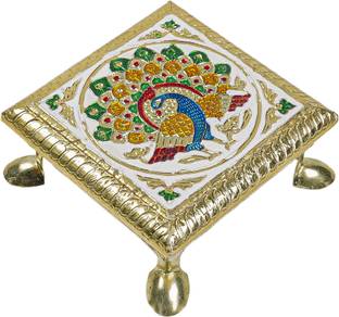 KriSatya White Peacock 5X5 Wooden All Purpose Chowki