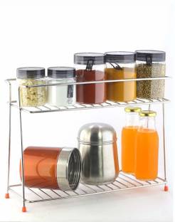 FYG ENTERPRISE Fruits/Vegetables Kitchen Rack Steel Stainless Steel Spice 2-Tier Trolley Container Organizer/Basket for Boxes Utensils Dishes Plates for Home (Multipurpose Kitchen Storage Shelf Shelves Holder Stand Rack) Utensil Kitchen Rack (Steel)