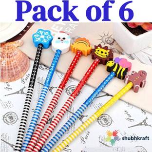 ShubhKraft Pencil with Cartoon Shape Eraser at Head.Premium Quality Extra Dark Pencils Gifts Set, Return gift for kids (Pack of 6) Pencil