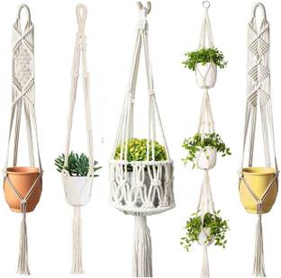 pepme Macrame Hanging Plant Holder - Ceiling Hook Hanger Ring, Flower Pot Holder for Indoor Outdoor Balcony Garden | Home Decor Flower Planter Hanging Rope (Set of 5 designs) Plant Container Set