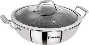 BERGNER Triply Stainless Steel Scratch Resistant Non Stick Kadhai With Glass Lid Wok Set with Lid 2.5 L capacity 24 cm diameter
