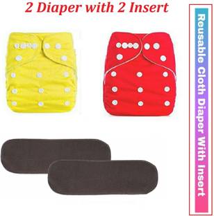 Baby Hashtag Fashionable/Trendy New Born Washable Reusable Microfiber Cotton Diapers, 0-12 Months (Yellow Red) - Pack of 2 Diaper 2 insert - S - M