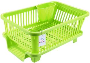 Heart Home Fruits/Vegetables Kitchen Rack Plastic 3 in 1 Large Durable Plastic Kitchen Sink Dish Rack Drainer Drying Rack Washing Basket with Tray for Kitchen, Dish Rack Organizers, Utensils Tools Cutlery (Green)
