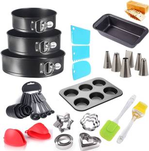 H&M Store Baking Combo of 2Pcs Oven Gloves, 3Pcs Round Cake Tins-18cms,20cms & 22cms,6 Slot Muffin Tray, Measuring Cups,Brush,Spatula,Bread Loaf,Cookie Cutter,Cake Scrapper,Nozzles Kitchen Tool Set