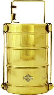 IndianArtVilla Handmade Brass Tier With Tin Lining Three Compartments Office Tiffin Lunch Box , Volum 2400 ML, Height 11 Inch ,Gold 3 Containers Lunch Box